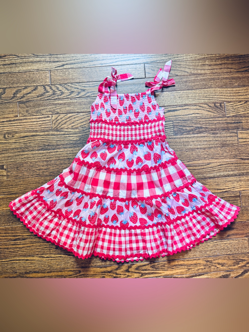 crown & ivy Kids Red, Pink, and White Gingham and Strawberry Smocked Sundress 🍓